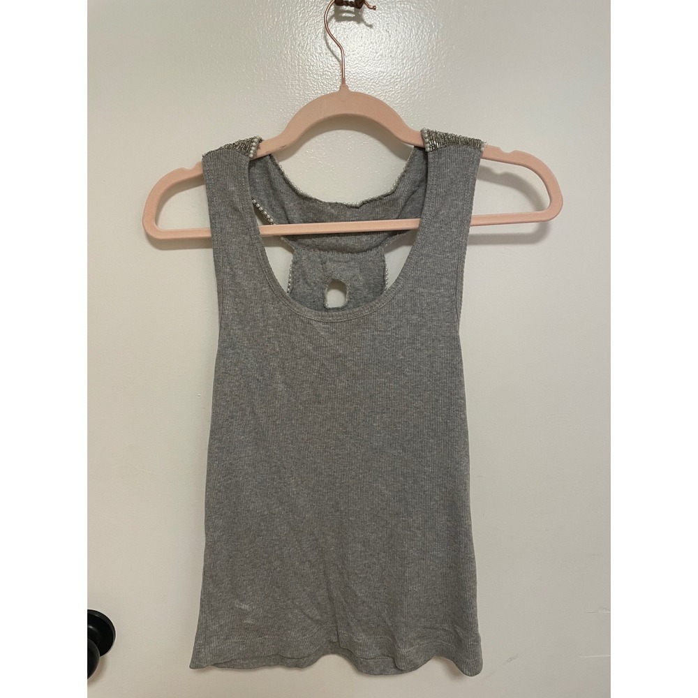 Y2K Beaded Back Racerback Tank Top Newport News Grey Ribbed Size M - Picture 2 of 4